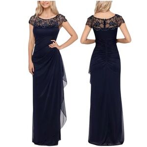 🌻XSCAPE Navy Embellished Jersey Gown Floor Length Formal Dress Size 8